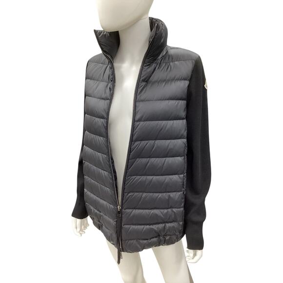 Moncler Jacket Women’s Size XS Quilted Down &Wool Cardigan Sleeves Zipper Black - Picture 2 of 7